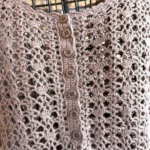 Vintage Newport News Crochet Dress Girls Sz L Tunic Taupe Short Sleeves Scallop - Picture 5 of 12