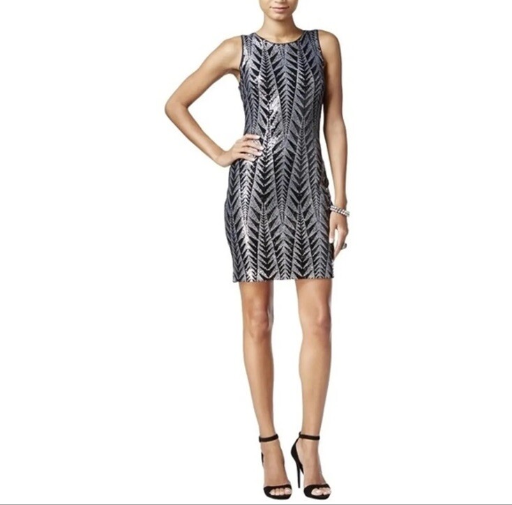 guess silver sequin dress Guess Dresses | Guess Women's Sequined Lined Sleeveless Party Sheath Dress Silver Size 4 Nwt | Color: Silver | Size: 4