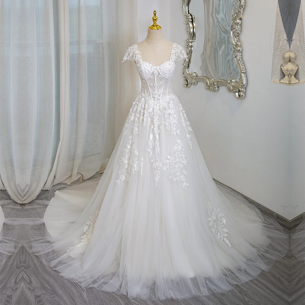 Ivory White Wedding Dresses Sweetheart Short Sleeves Sweep Train Bridal  Gowns | eBay