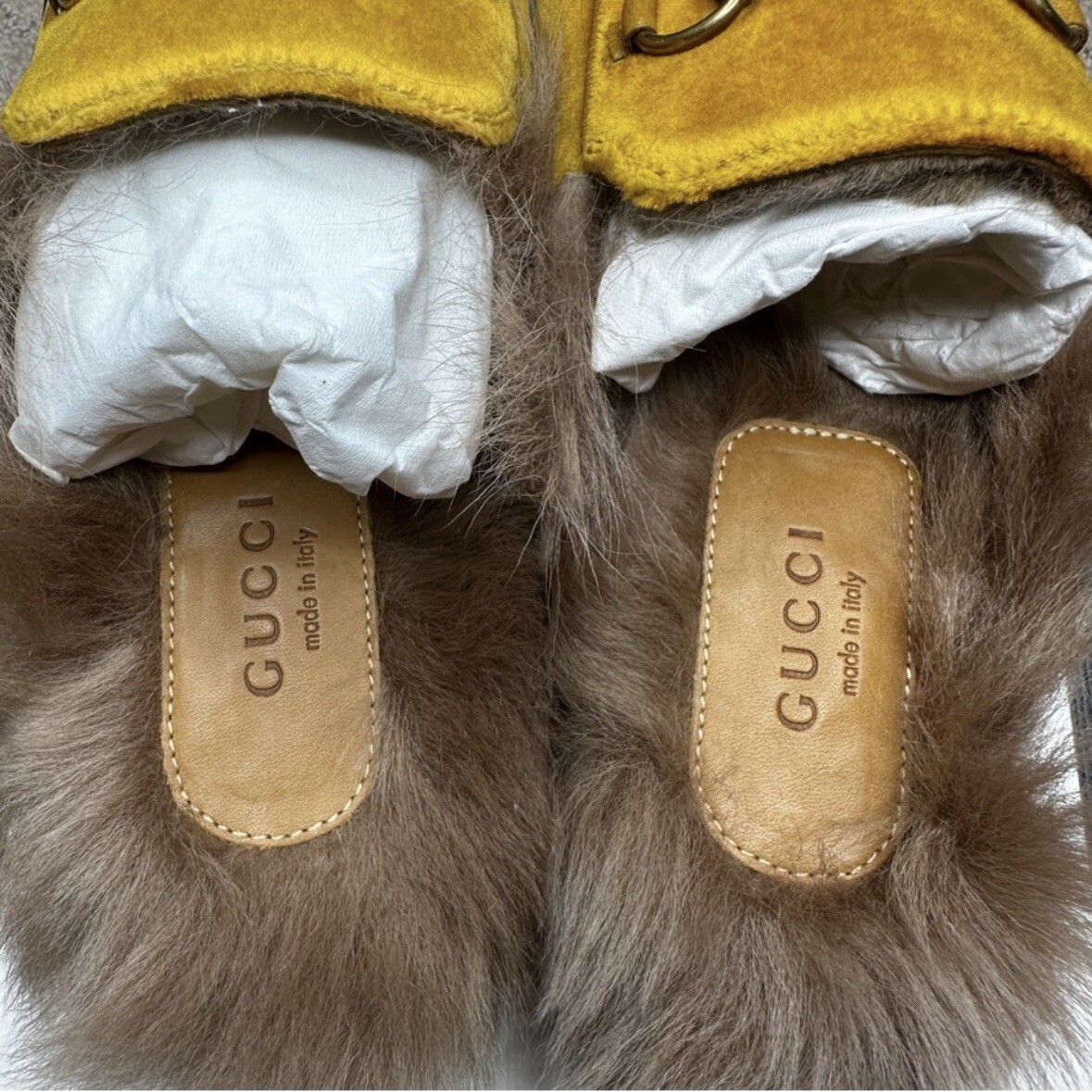 GUCCI Princetown Velvet Mustard Embroidered UFO Fur Slip On  display picture 3