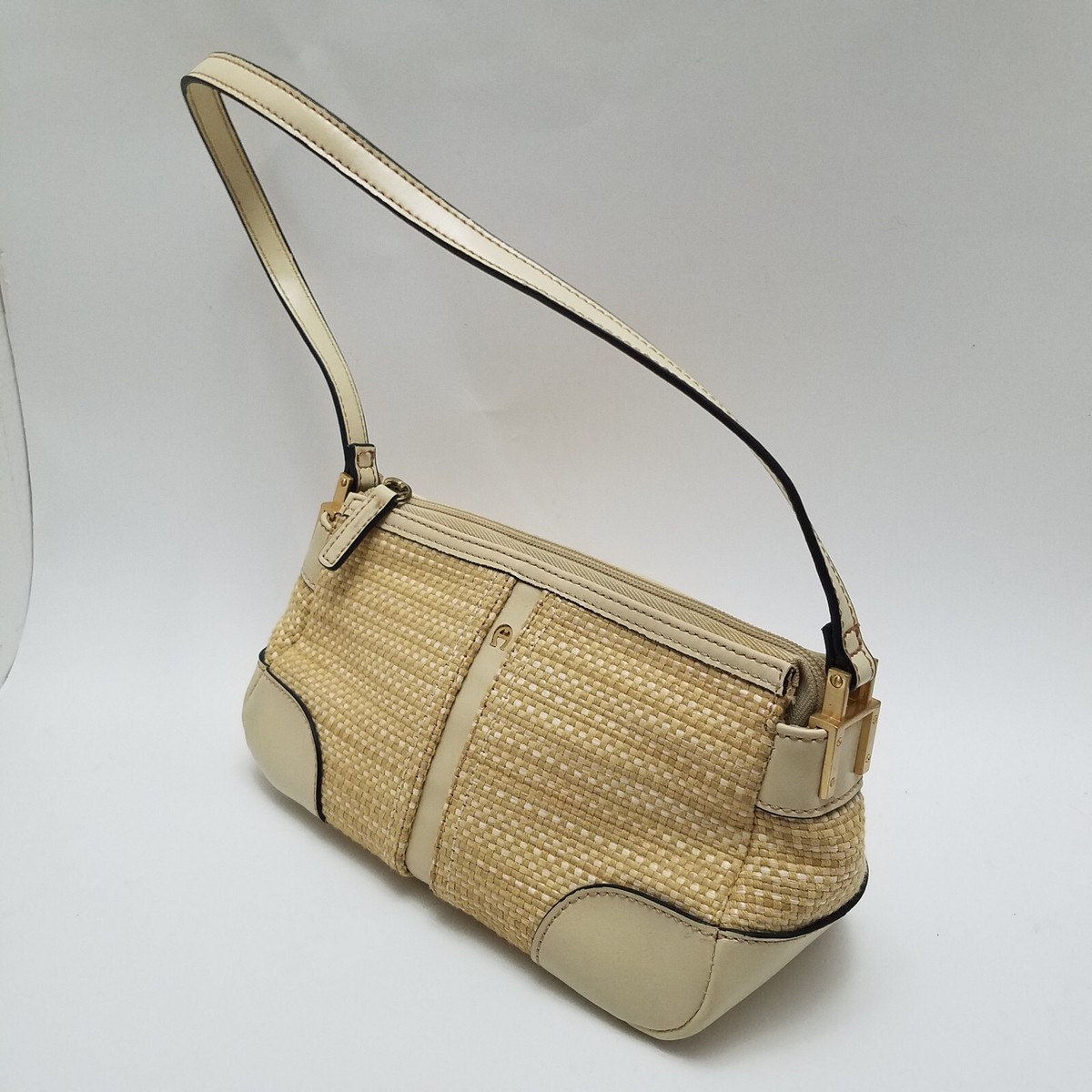 Etienne Aigner Mini Purse Woven Jute Straw with Brown Faux Leather