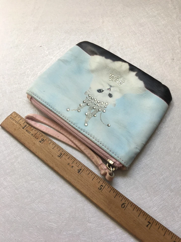 Precioso monedero azul cielo y rosa con diseño de gato blanco y estrás para niñas Foto 2 de 3