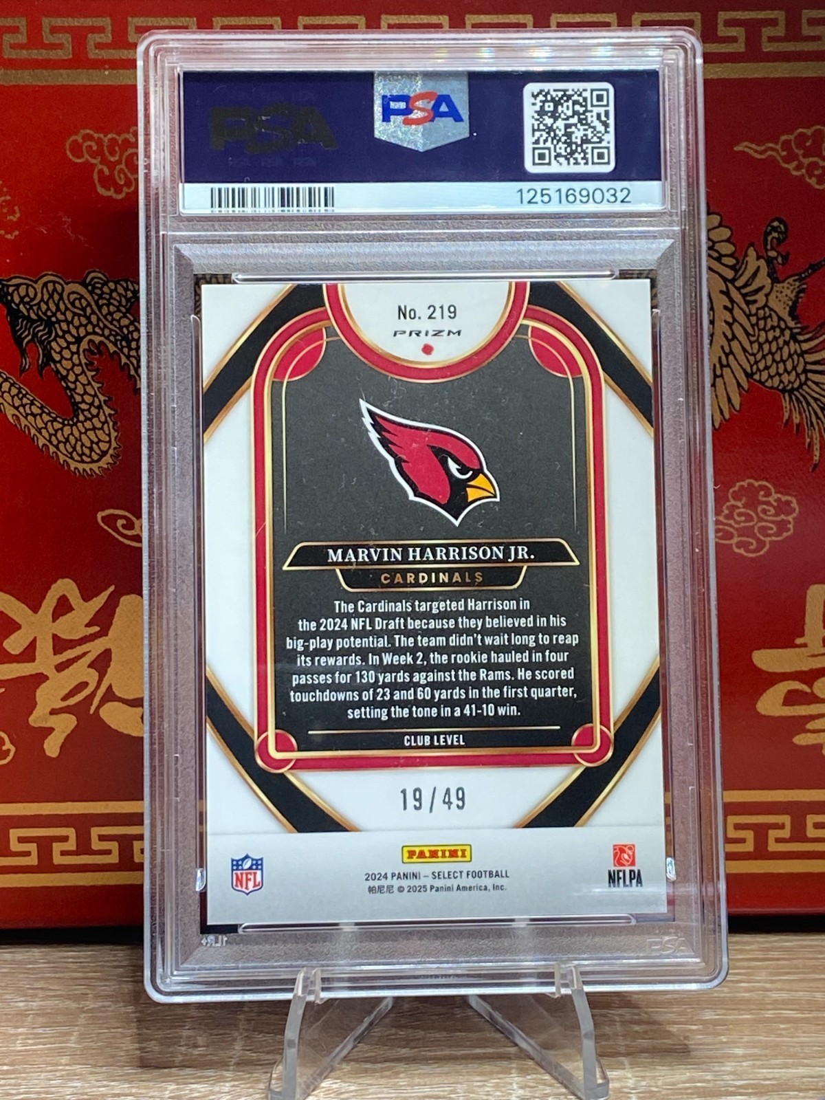 2024 Panini Select  Club Level Red Disco Marvin Harrison Jr. #219 PSA 9 19/49 RC view 2