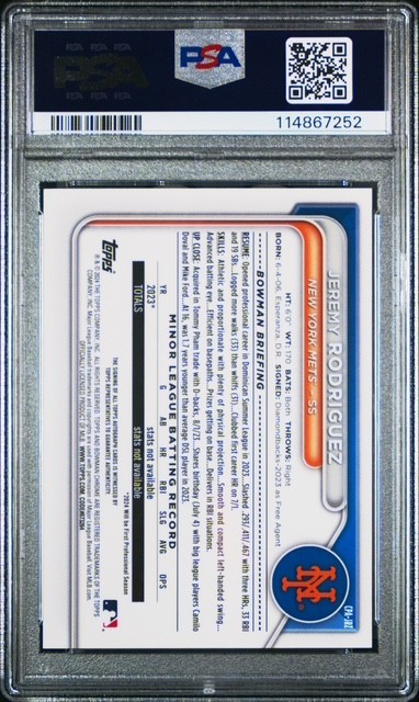 Jeremy Rodriguez 2024 Bowman Chrome Yellow Rookie Auto #/75 PSA 9 New York Mets view 2