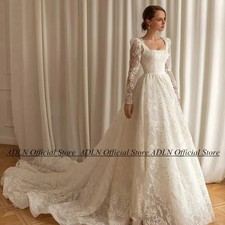 Luxury Lace Wedding Gowns Exquisite LongSleeves Square NeckOpen Back Court Train