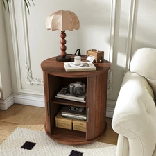 Mid Century Modern End Table with USB Charging, 2-Tier Round Nightstand Sliding