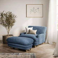 Denim Blue Oversized Snuggle Armchair/Plumpton Chair & Footstool/Oak Wood Legs