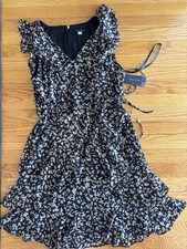 Tommy Hilfiger Size 12 Black  Dress with Tan Floral Print flutter sleeve ruffles