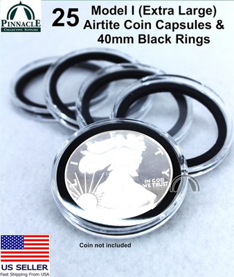 #ad #ad 25 GENUINE Airtite Coin Capsules with BLACK Rings for 1oz American Silver Eagle $25.95