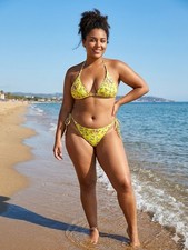 Zaful Yellow Floral Print Two Piece Triangle Bikini Set Size Large