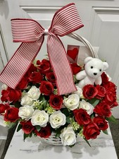 Gift Basket Arrangement Artificial Silk Flowers Floral Bouquet Birthday Roses