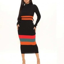 Fashion Nova Amazing Grace Sweater Dress Black Orange Red Ribbed Knit Size L