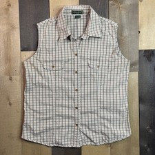 Eddie Bauer Women's LARGE Sleeveless Button Up Top Multicolor Plaid Style #3290