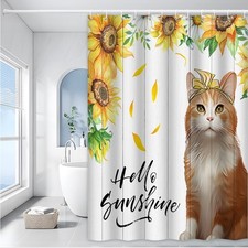 Cute Cat Shower Curtain Hello Sunshine Sunflower Rustic Farmhouse Bathroom Decor
