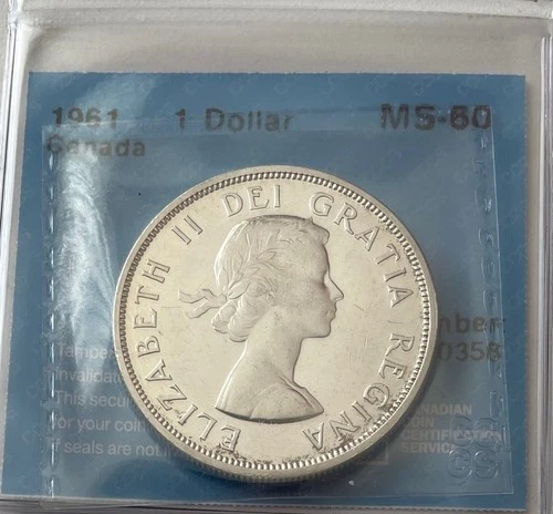 Canada Silver 1 Dollar 1961 certified CCCS MS-60, nice coin !!