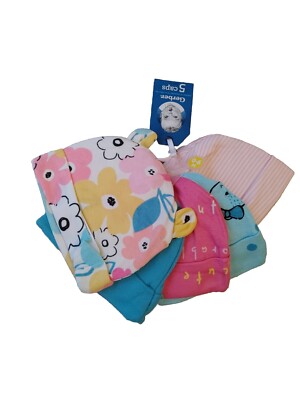 Gerber 5-Pack Girls' Size 0-6M Infant Caps Pink Bows Bears Stripes Flowers NWT