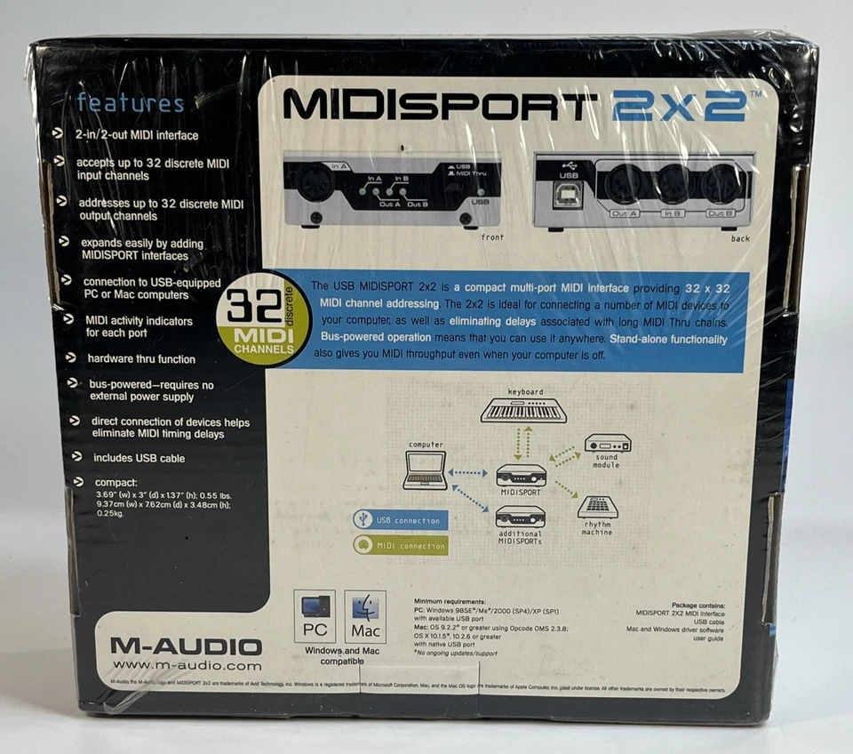 M-AUDIO MIDISPORT 2x2 USB BUS-POWERED 2-IN/2-OUT 32 MIDI CHANNEL INTERFACE NEW - Image 4 of 4