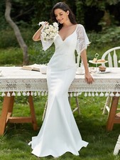 Elegant V Neck Fishtail Wedding Dresses Short Sleeve Lace Plus Size Bridal Gowns