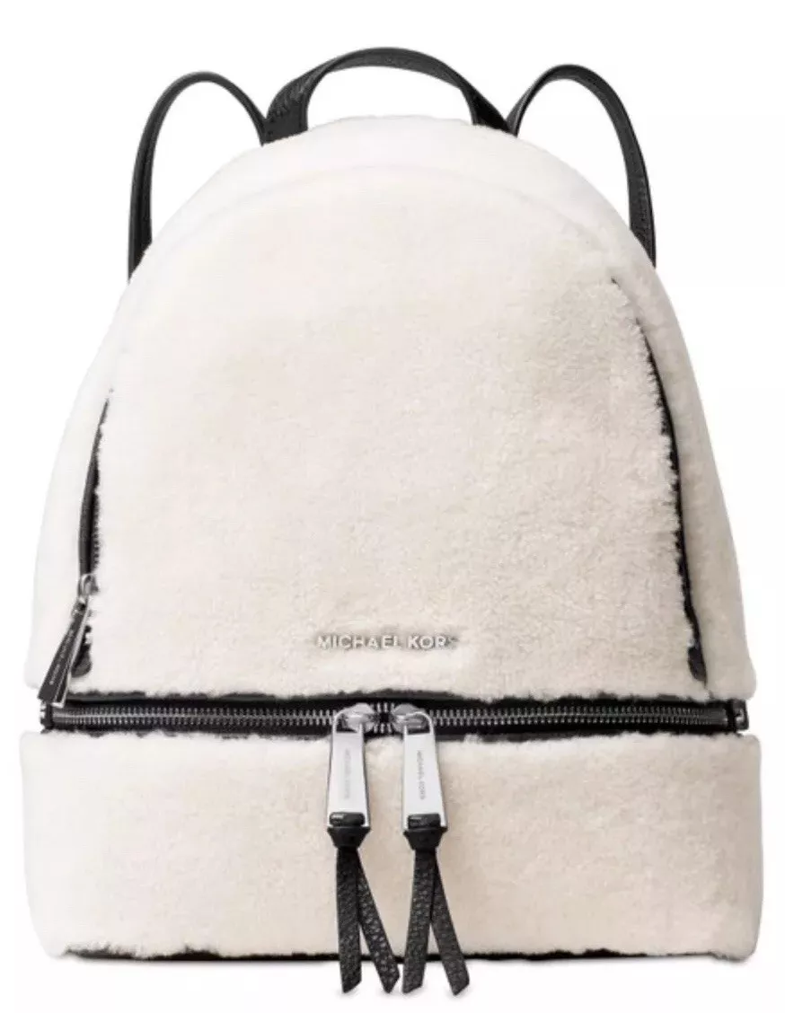 NEW MICHAEL KORS MD RHEA FUR Shearling Natural black TRIM BACKPACK