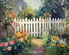 Garden with a white picket fence oil painting 8x10 Print