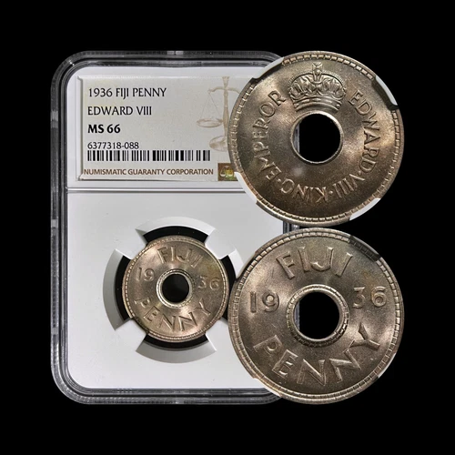 FIJI. 1936, 1 Penny - NGC MS66 - KEVIII, Center Hole Ring 088