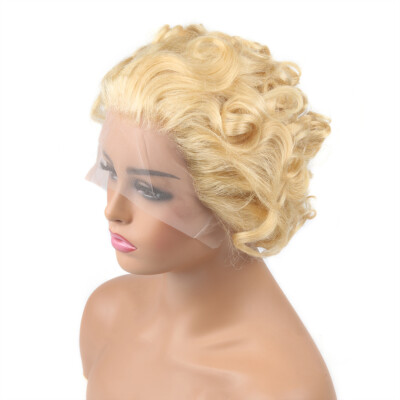 Blonde Wave Short Pixie Cut 13×1 Lace Front Human Hair Wig Glueless Natural