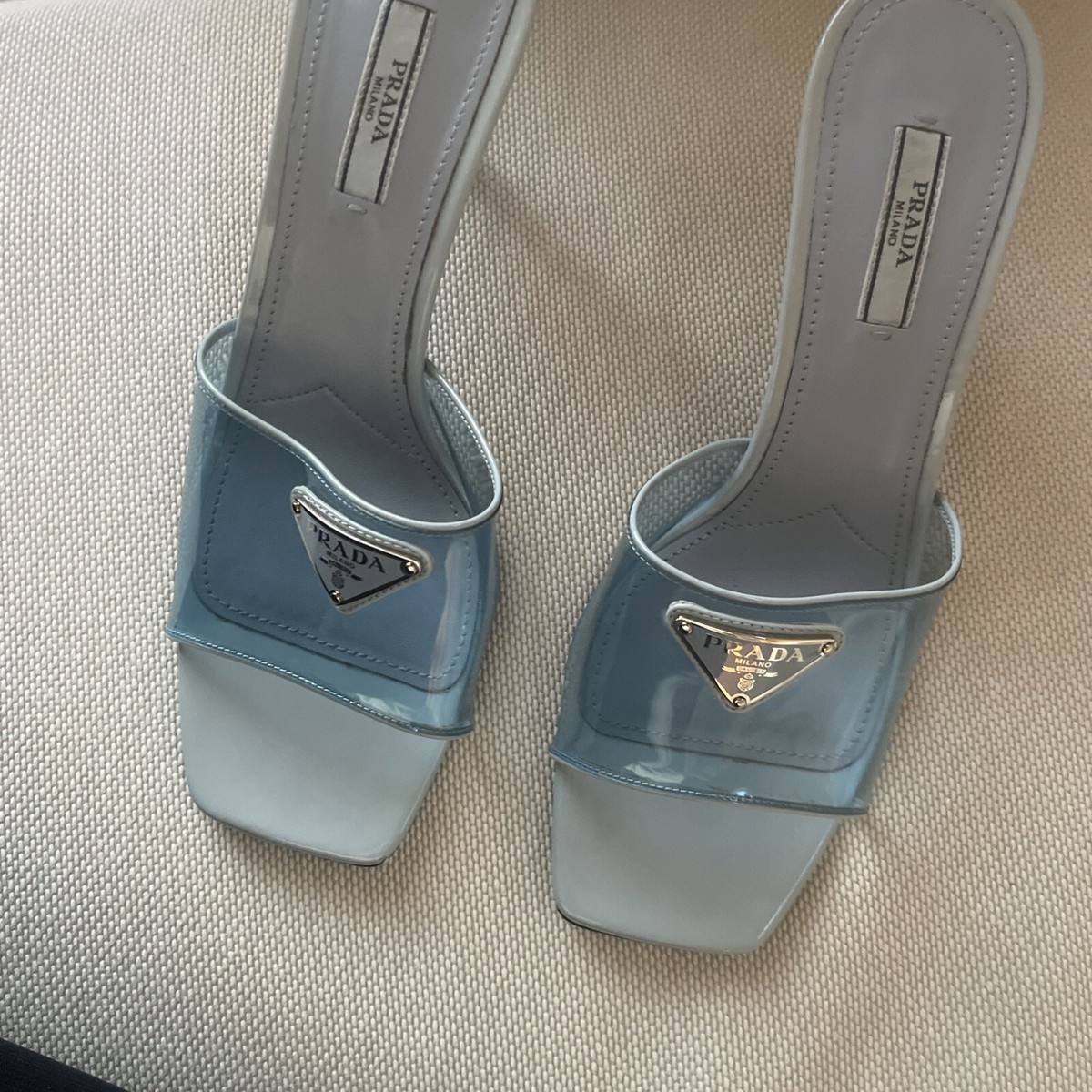 サンダル・ミュール Prada Light Blue Leather Slippers Leather-trimmed PVC mules in blue - Prada | Mytheresa