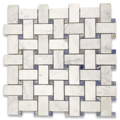 C656XH Carrara Venato Marble 1x2 Basketweave Mosaic Tile Azul Blue Dot Honed