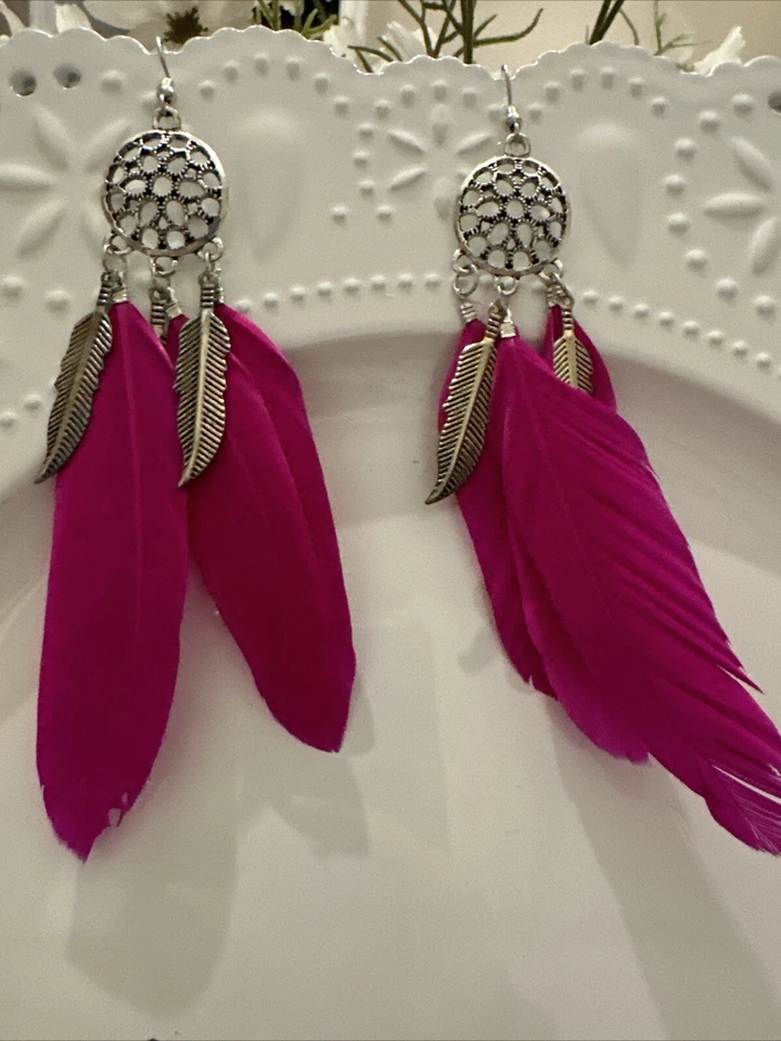 J CREW Fuchsia Hot Pink Feather Navajo Tribal Indian Earrings NEW 4 CHARITY❤️262 - Image 4 of 4