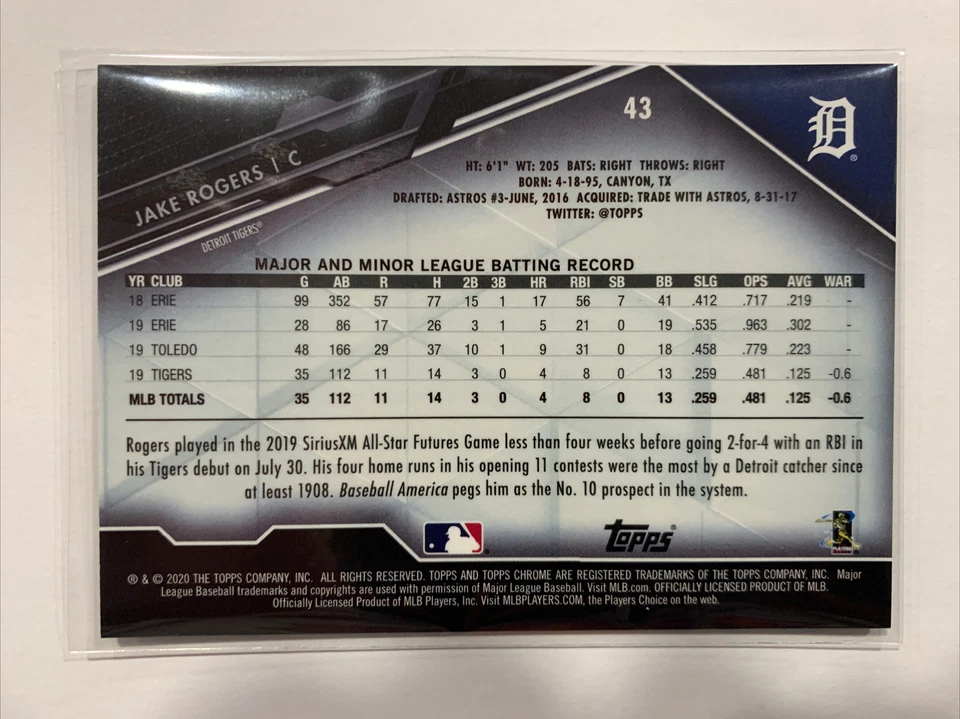 2020 Topps Chrome Black Base Card #43 Jake Rogers Tigers RC+ Topps chrome RC - Image 3 of 4