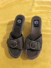 Yellow Box Womens Slide Sandals Bronze Basket Weave Rhinestones Wedge 8 Shoes