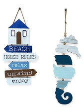 S/2 Beach Wall Decor Hanging Signs Coastal Nautical Wood Plaques with House R...