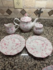 Grace Teaware Pink Floral Birds Butterfly Teapot , Cream & Sugar , 2 Plates- New