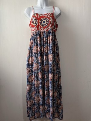 Natural Life Bailey Maxi Dress M Blue Red Mixed Print Boho Smocked Festival Art