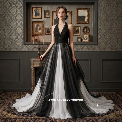 Gothic Black And White Wedding Dress Lace Halter V-Neck Sleeveless Backless | eBay Gothic Black And White Wedding Dress Lace Halter V-Neck Sleeveless Backless | eBay