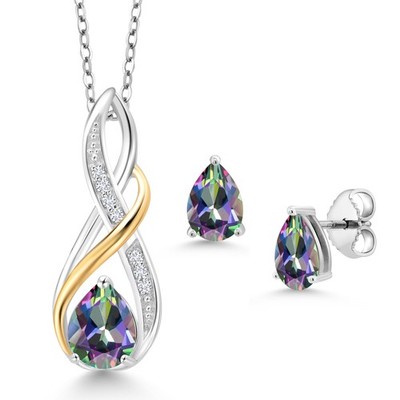 925 Sterling Silver and 10K Yellow Gold Pear Shape Green Mystic Topaz and White