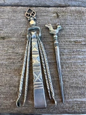 ANTIQUE SILVER CARVED CHATELAINE OPIUM TOOLS & ROADRUNNDER BIRD PICK