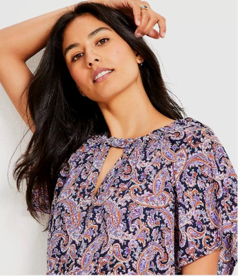 LOFT Women's Navy-Blue Multi Paisley Cutout Mixed-Media Blouse Top XL