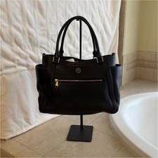 Tory Burch Black Satchel Top Handle Bag with Logo Accent Gold Hardware