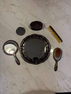 Vintage 6 Piece Vanity Set Hand Mirror Brush Comb Tray Silver Plated