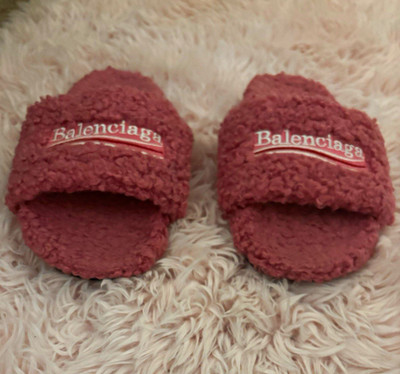 Balenciaga Pink Faux Fur Logo Slide Slippers Slip-On Rubber Sole US 7