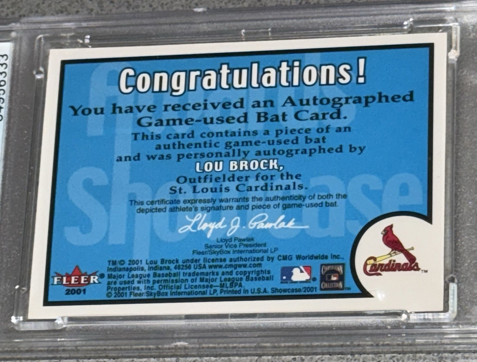 2001 Fleer Awards Showcase Game Used Lou Brock PSA 10 Double Auto Signed Twice view 7