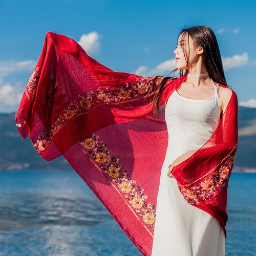Soft Embroidery Floral Ethnic Scarf Shawl Skirt Women Muslim Travel Photography - Picture 13 of 16
