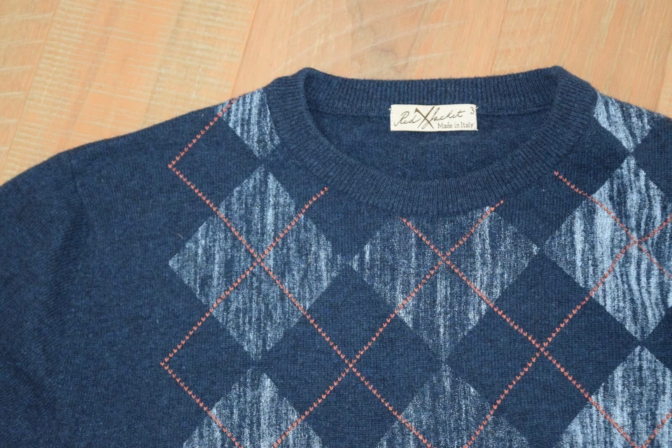 RED JACKET Made Italy Pullover Crew Neck Argyle Diamond Knit Lambs Wool Sweater - Image 4 of 4