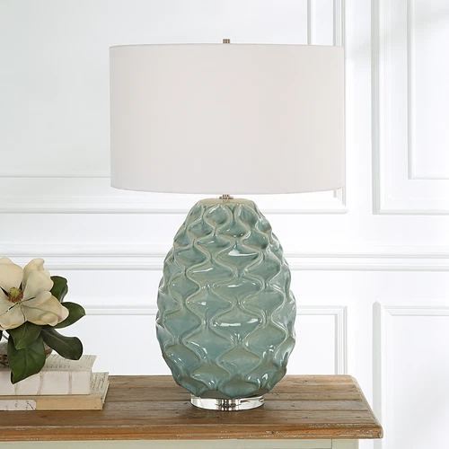 Elegant Aqua Blue Green Seafoam Wave Table Lamp 32 in Fat Graphic Squiggle Gloss - Picture 2 of 7
