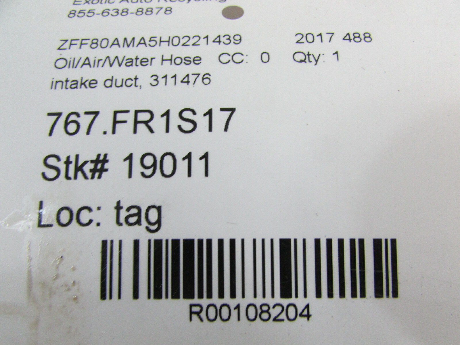 Ferrari 488, Air Intake Duct / Hose, Used, P/N 311476