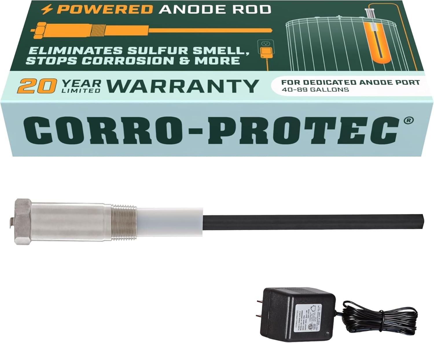 20-Year Powered Anode Rod for Water Heaters - Odor Elimination & Corrosion Proof