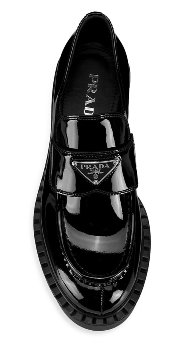 Prada Black Patent Leather Silver Logo Platform Loafer  display picture 2