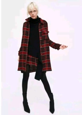 Zara Shacket Overshirt Red Black Plaid Tweed Long Open Jacket