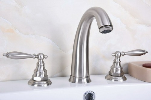 Nickel Brushed Brass Deck Mounted Basin Faucet Bathroom Sink Bathtub Taps Dbn015 - Picture 5 of 9